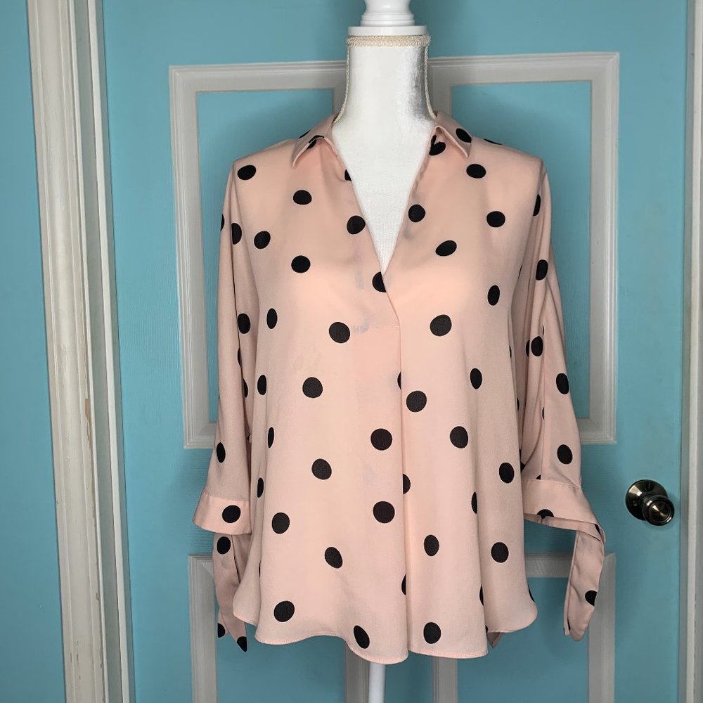 Worthington Cream with Black Polk A Dot Mid Tie Sleeve Blouse Small